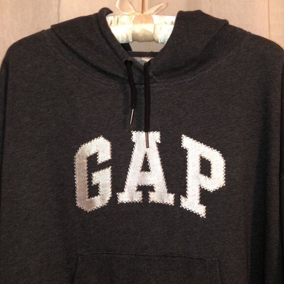 GAP L Slouchy Oversized Charcoal Gray Hoodie with Metallic Jeweled Logo - Picture 3 of 11